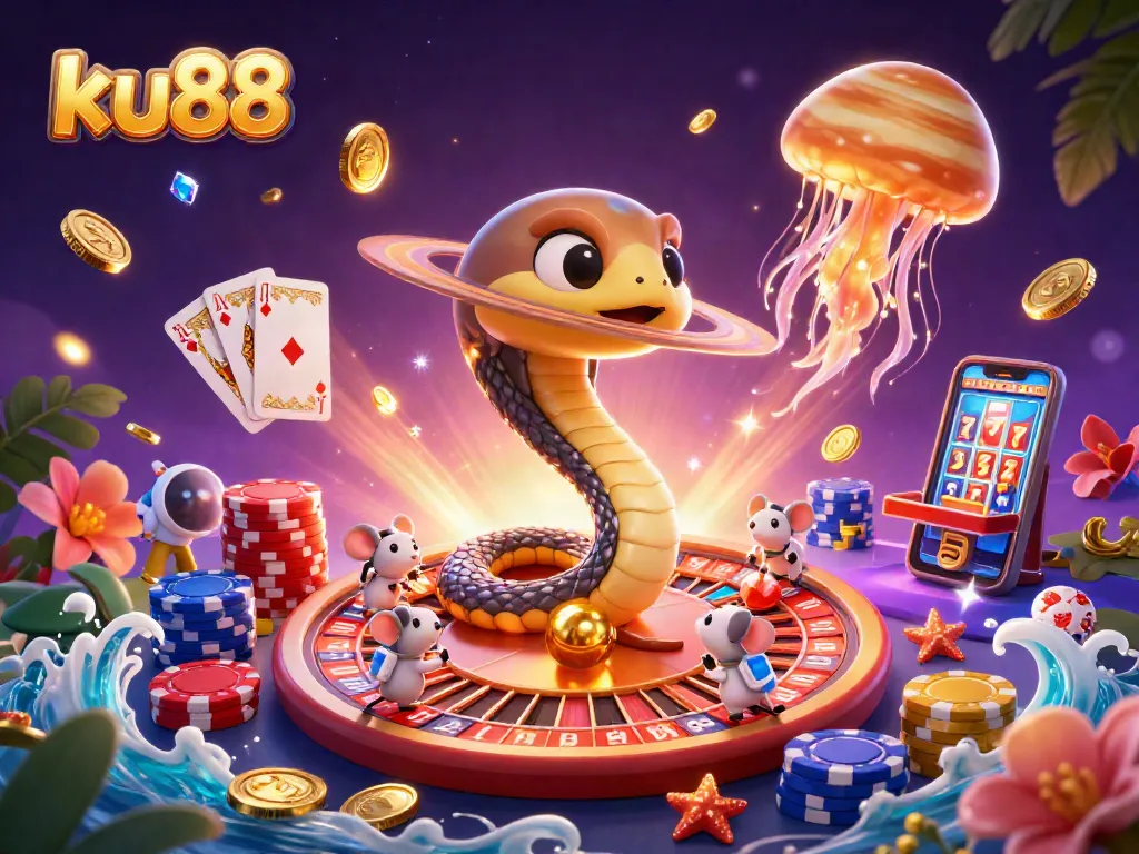 Experience thrilling bets at ku88 with vibrant casino elements and cosmic characters in a dynamic scene.