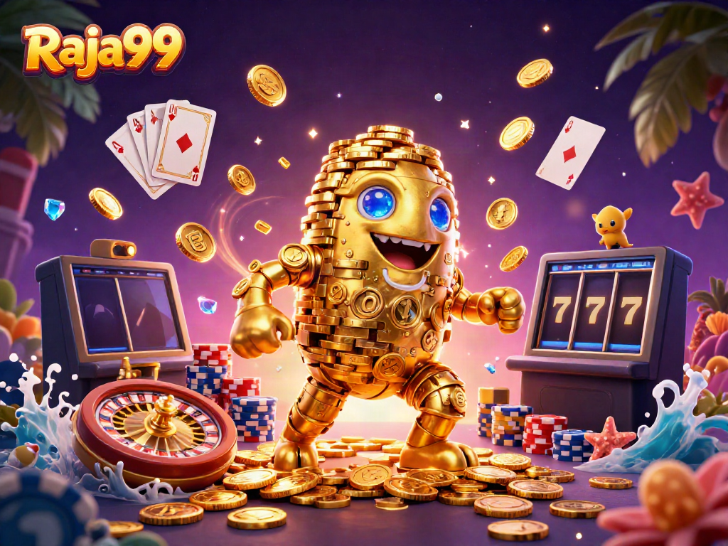 Raja99 menghadirkan pengalaman bermain slot online yang mendebarkan dengan simbol mesin slot dan koin emas berputar.