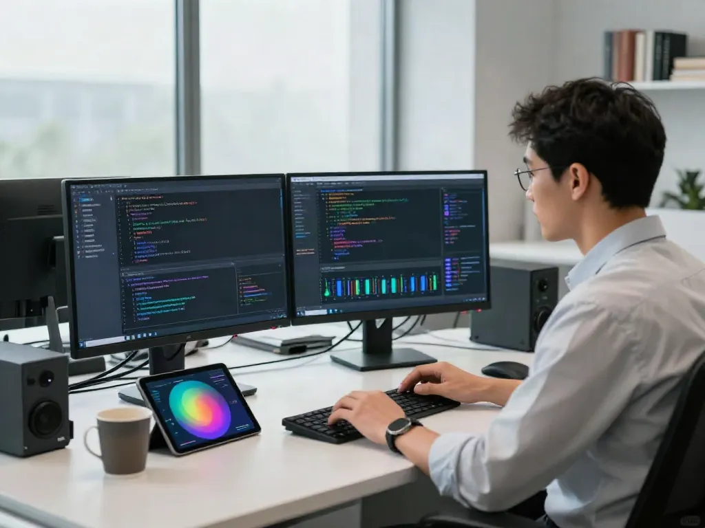 An AI infrastructure professional analyzing data on dual monitors discussing what are AI tokens in a modern workspace.