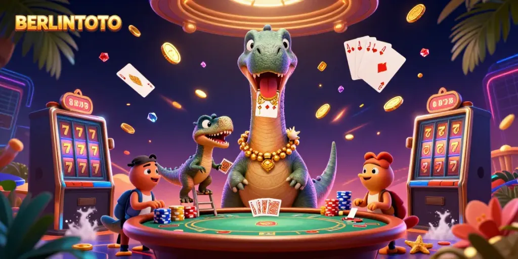 Experience the magic of BERLINTOTO with a vibrant casino scene featuring a brontosaurus and raptor.