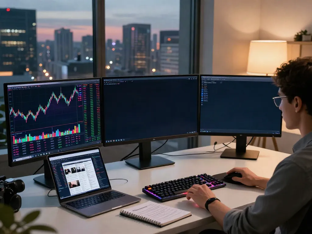 Real-time stock data API displayed in modern crypto trading workspace with multiple screens and charts.
